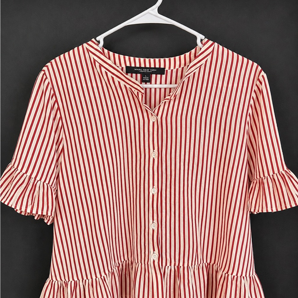 Marc New York Red and Cream Striped Button-Front Peplum Top